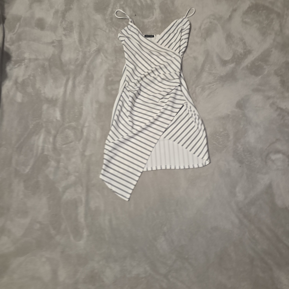 Fashion Nova Asymmetrical White and Black Striped Dress